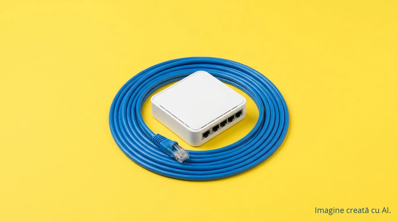 Wi-Fi 7: merită să-ți schimbi routerul în 2026? Ghid direct, în 5 minute | UrbanVerse Cablu de rețea încolăcit în jurul unui router compact