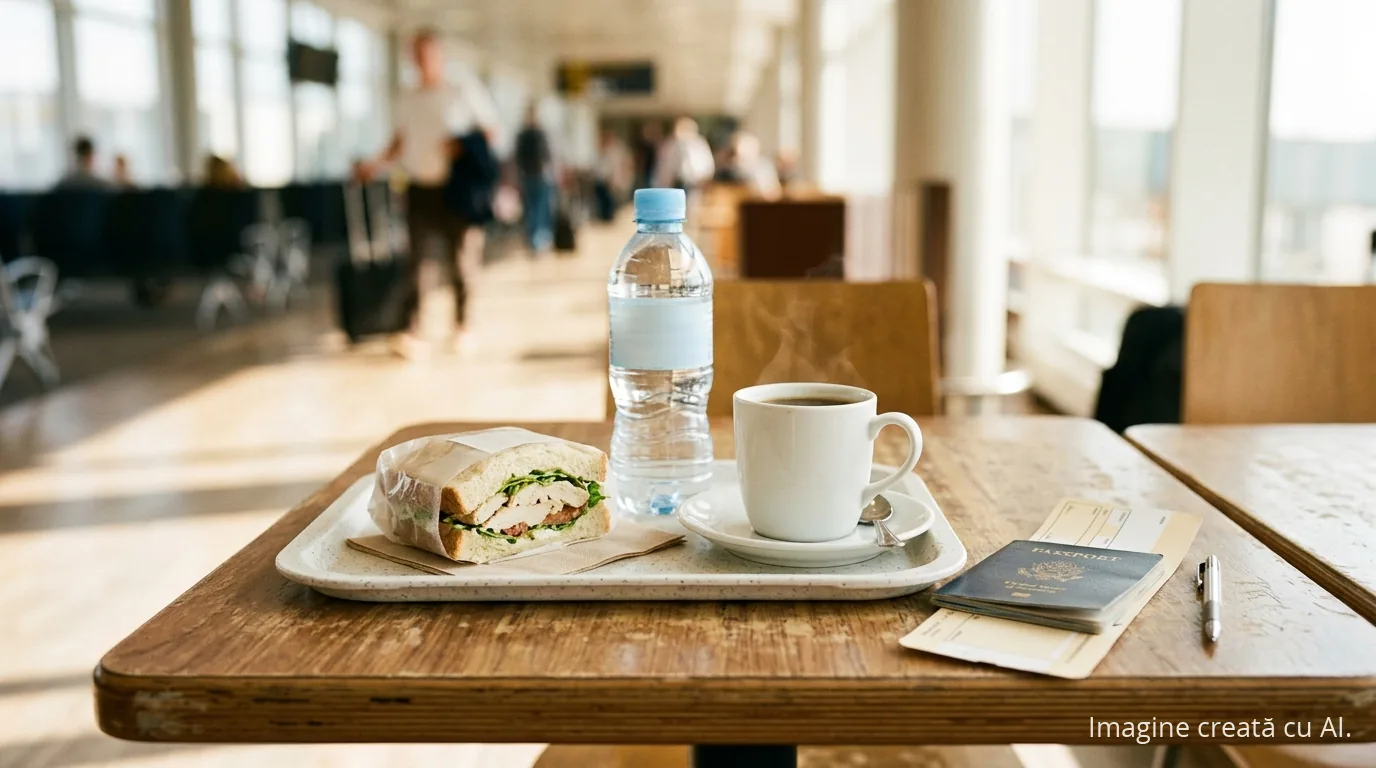Masă de aeroport cu sandviș, apă și cafea, dreptul la masă