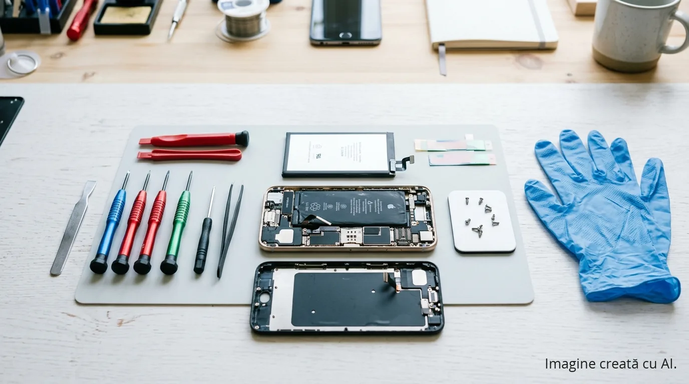 Telefon recondiționat: cum cumperi refurbished fără să iei țeapă — ghid în 6 verificări | UrbanVerse Telefon deschis pe bancul de lucru, cu șurubelnițe și baterie nouă