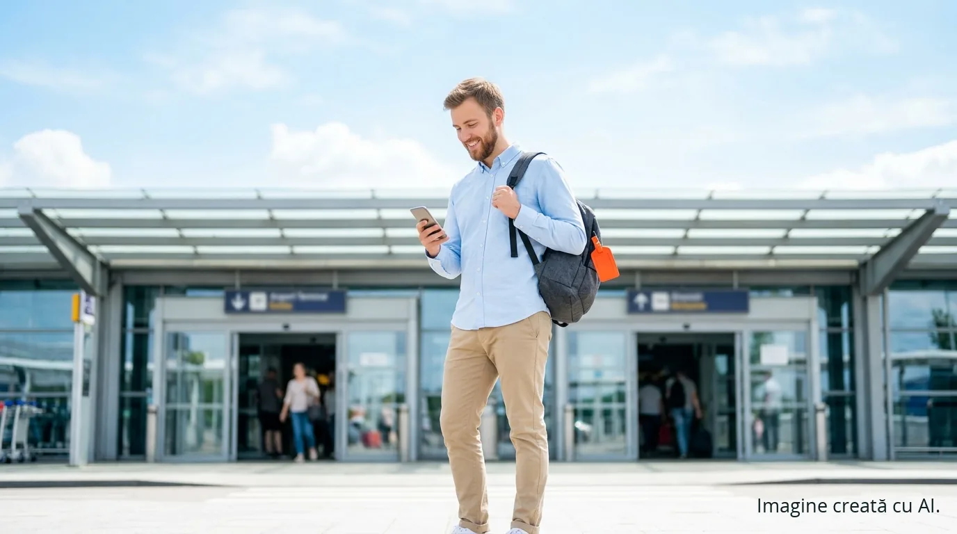 eSIM: ce este, cum funcționează și de ce îți schimbă vacanțele — ghid 2026 | UrbanVerse Călător care își verifică telefonul la ieșirea din aeroport