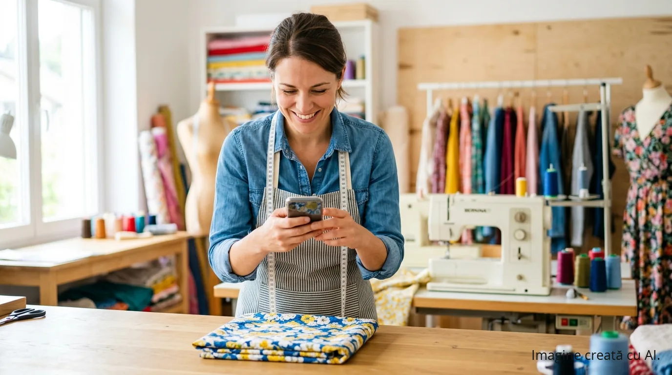 WhatsApp Business pentru firme mici: clienții tăi sunt deja acolo — ghid de configurare | UrbanVerse Croitoreasă care fotografiază un material cu telefonul