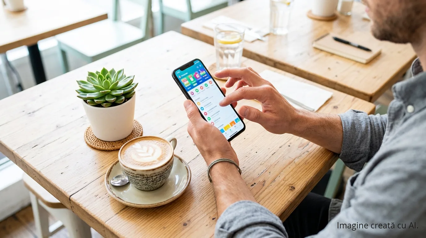 WhatsApp Business pentru firme mici: clienții tăi sunt deja acolo — ghid de configurare | UrbanVerse Mâini care configurează aplicația pe telefon, la o masă de cafenea