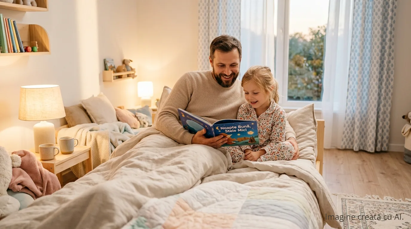 Pregătirea copilului pentru școală: rutina care face septembrie mai ușor — ghid pentru părinți | UrbanVerse Tată care citește o poveste de seară, culcarea devreme
